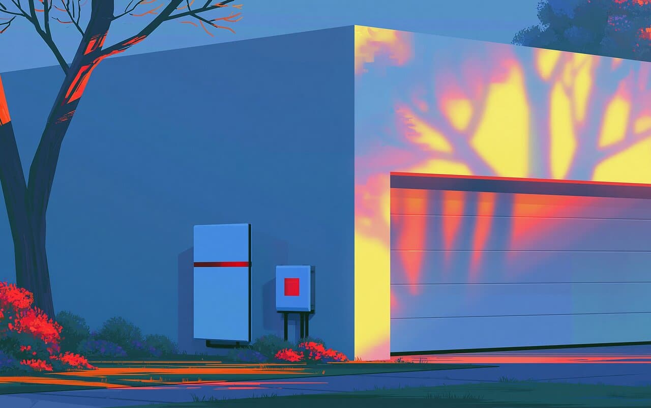 A painterly illustration of a wall-mounted home battery storage unit at dusk