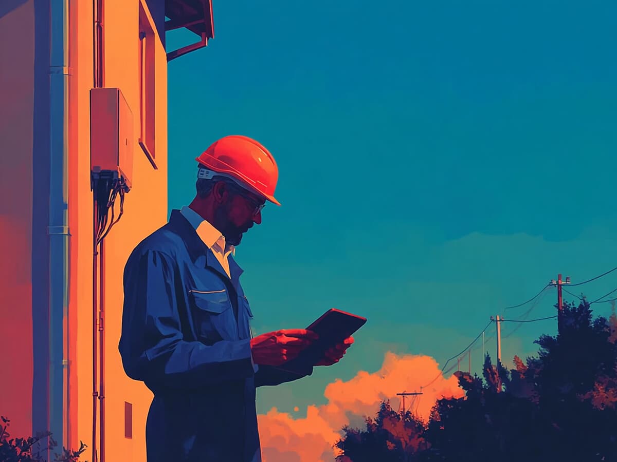 A painterly illustration of an engineer reviewing a tablet during a site survey at dusk