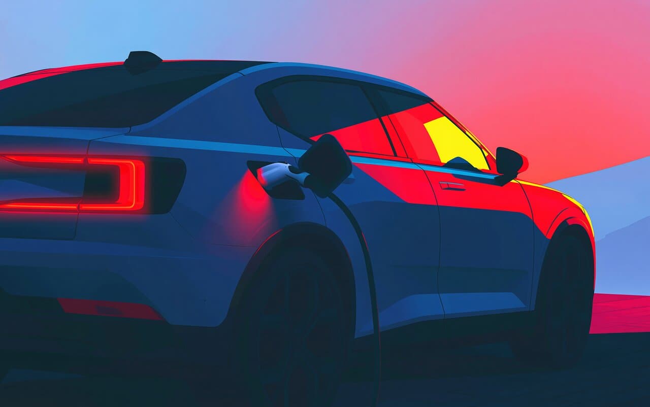 A painterly illustration of an electric car charging on a home driveway at dusk