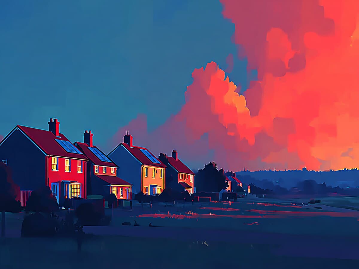 A painterly dusk illustration of a row of homes with rooftop solar panels and heat pumps, warmly lit windows