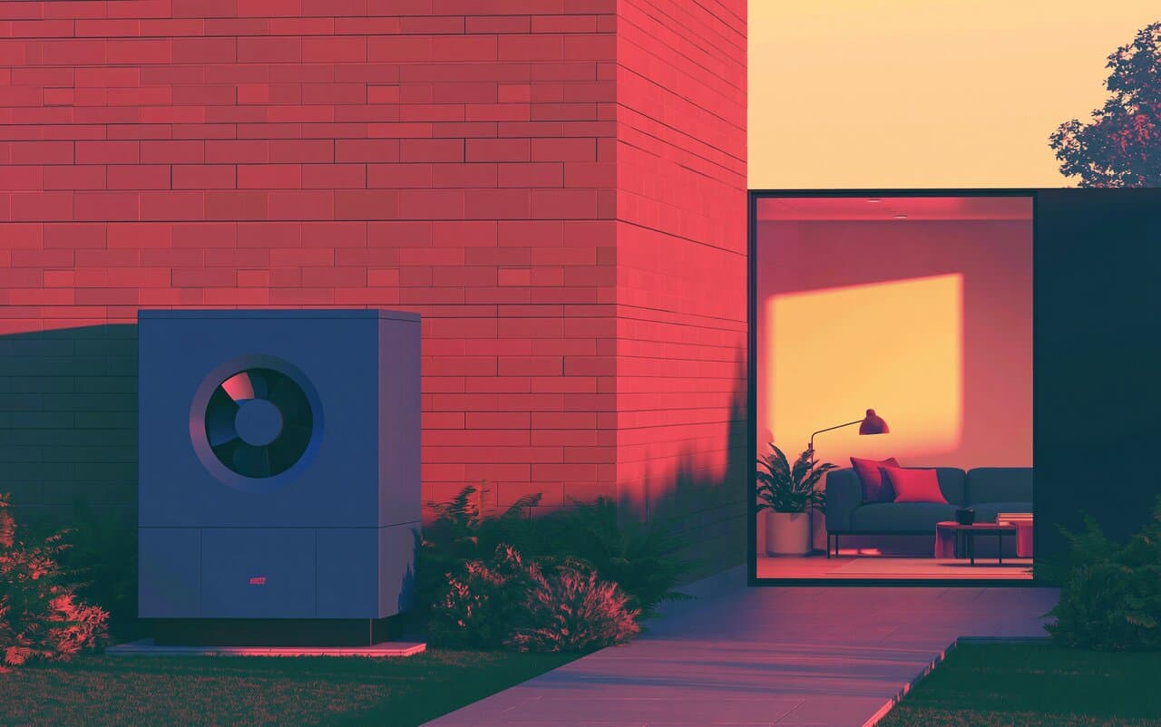 A painterly illustration of an air-source heat pump outdoor unit beside a home at dusk