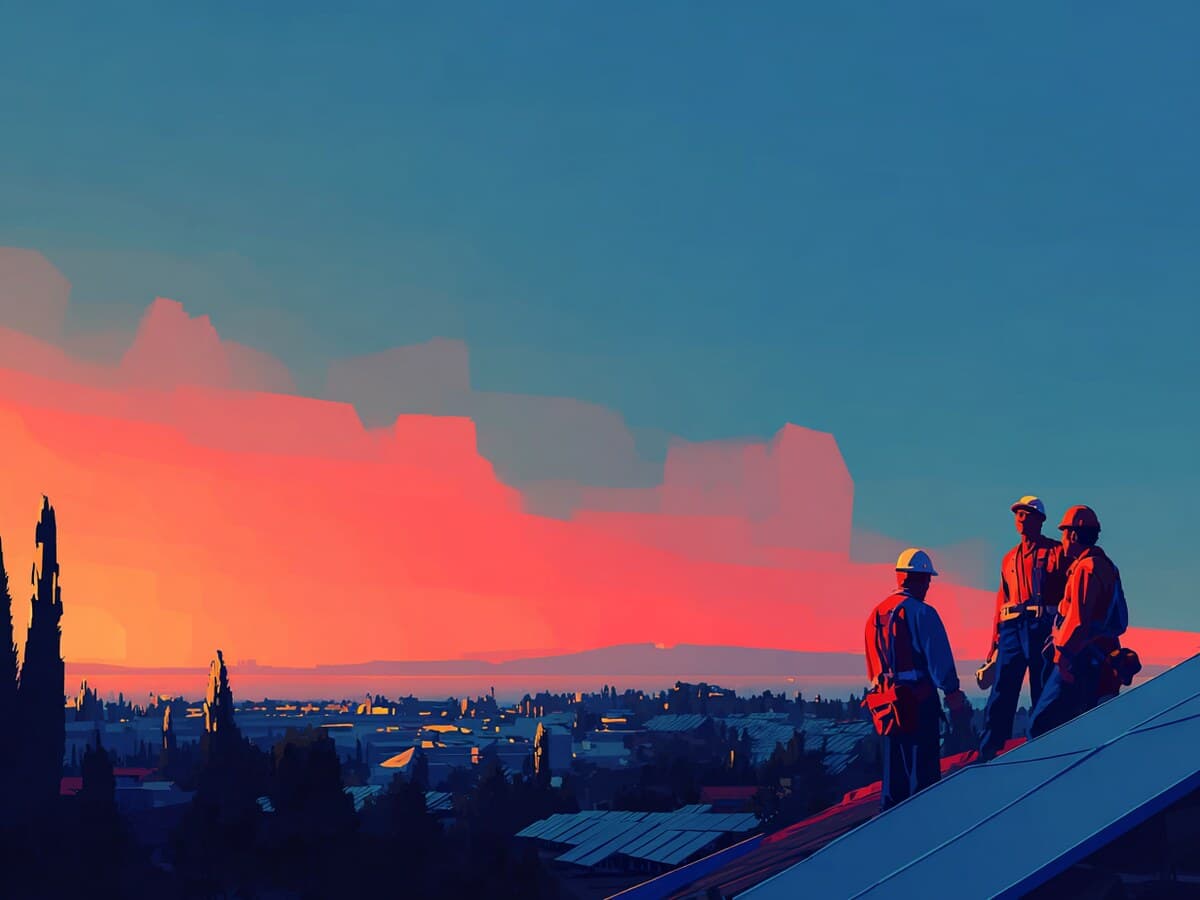 A painterly illustration of a team of installers fitting solar panels on a rooftop at dusk
