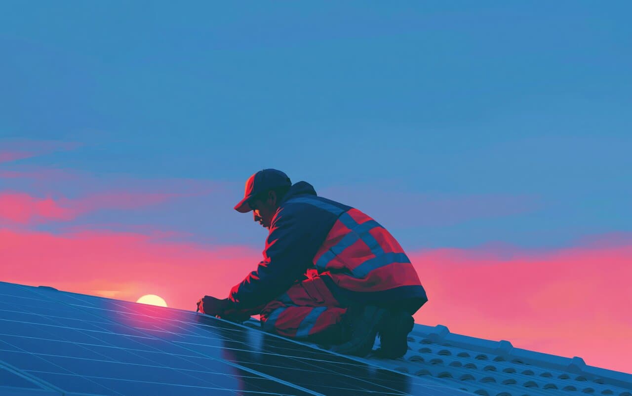 A painterly illustration of an installer fitting a solar panel on a rooftop at dusk